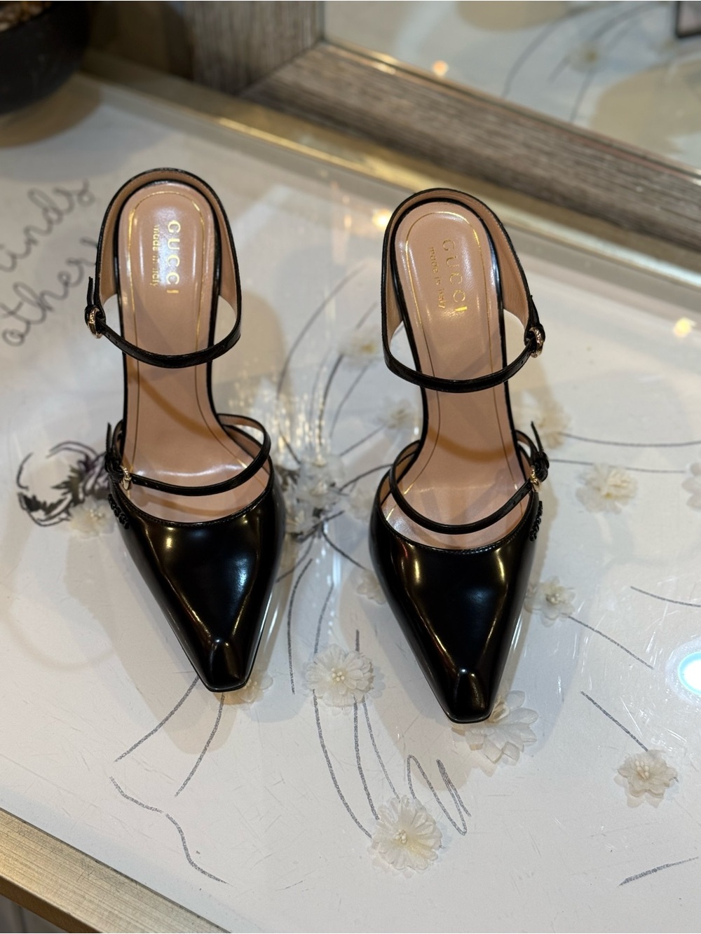 Gucci Black Patent Leather Pointed-Toe Clear Wedge Mules - Picture 5 of 12